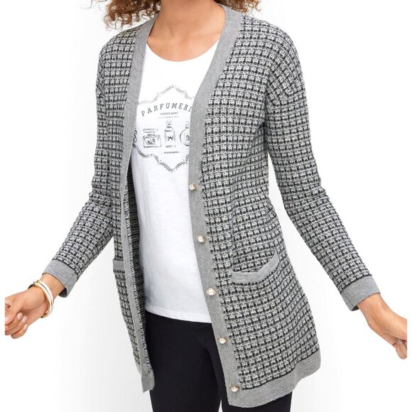2/$40 EUC Talbots 100% Wool Plaid Tweed Cardigan Gray Small - Picture 1 of 7
